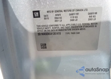 2010 Chevrolet Impala Ls z USA, uszkodzony, nr VIN 2G1WA5EK6A1261419